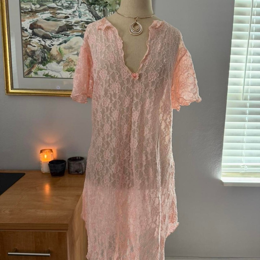 Vintage Colesce Couture Pink Sheer Lace Lingerie Nightgown Dress Large USA Made